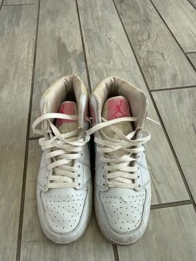 Nike White High-Top Sneakers with Pink Tongues and Green Accents